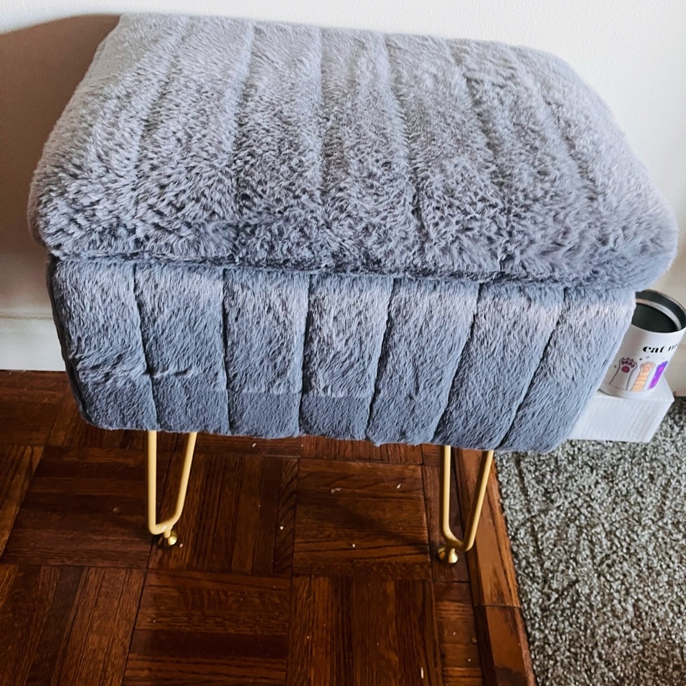 Gray Faux Fur Ottoman with Gold Legs